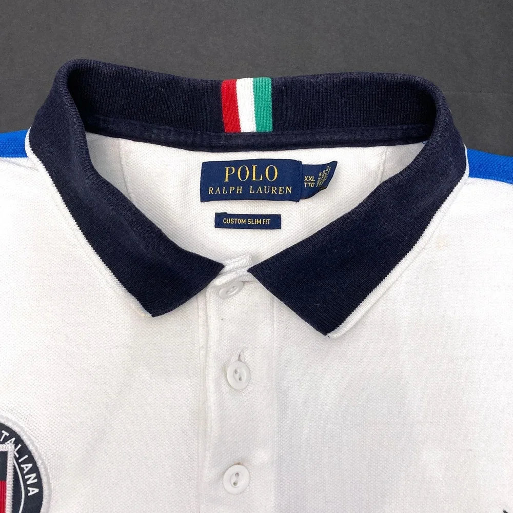 Polo Ralph Lauren Italia Shirt Mens 2XL Blue Big Pony Shirt Italy Cotton White
